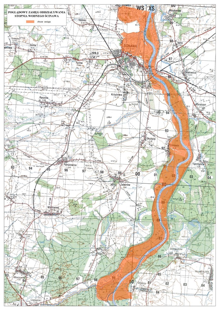 Poglądowy zasięg oddziaływania stopnia wodnego Ścinawa. Źródło: Wody Polskie