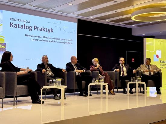 Zdjęcie Konferencja Katalog Praktyk Przedsiębiorstw WOD-KAN. Panel dyskusyjny Nowele wodne. Anna Flaga-Martynek, radca prawny, partner w kancelarii WKB Lawyers; Anna Mieczkowska, Sekretarz, Związek Miast Polskich; Marcin Uchman, Wiceprzewodniczący Zarządu Związku Gmin Wiejskich RP; Grzegorz Cichy, Prezes Zarządu, Stowarzyszenie Unia Miasteczek Polskich; Paweł Sikorski, Prezes, Izba Gospodarcza „Wodociągi Polskie”; prof. dr hab. Bartosz Rakoczy, ekspert IGWP. Fot. inzynieria.com