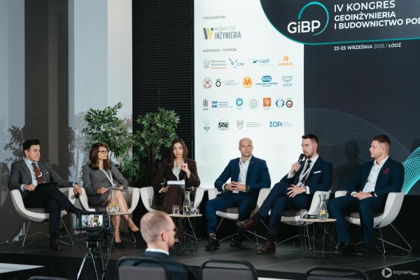 Zdjęcie IV Kongres Geoinżynieria i Budownictwo Podziemne. Panel dyskusyjny „Ubezpieczenia członków organów spółek i kadry menedżerskiej (D&O) – od polisy do praktyki: nowoczesna ochrona liderów w zmiennym świecie”. Od lewej: Maciej Durbas, Aleksandra Kuzawińska (KKG Legal Kubas Kos Gałkowski), Manuela Hussein (TELEMOND Holding), Paweł Piwowarski (Colonnade Insurance Oddział w Polsce), Marcin Szternel (GrECo Polska), Adrian Wawrzeniuk (Colonnade Insurance Oddział w Polsce). fot. Quality Studio dla www.inzynieria.com