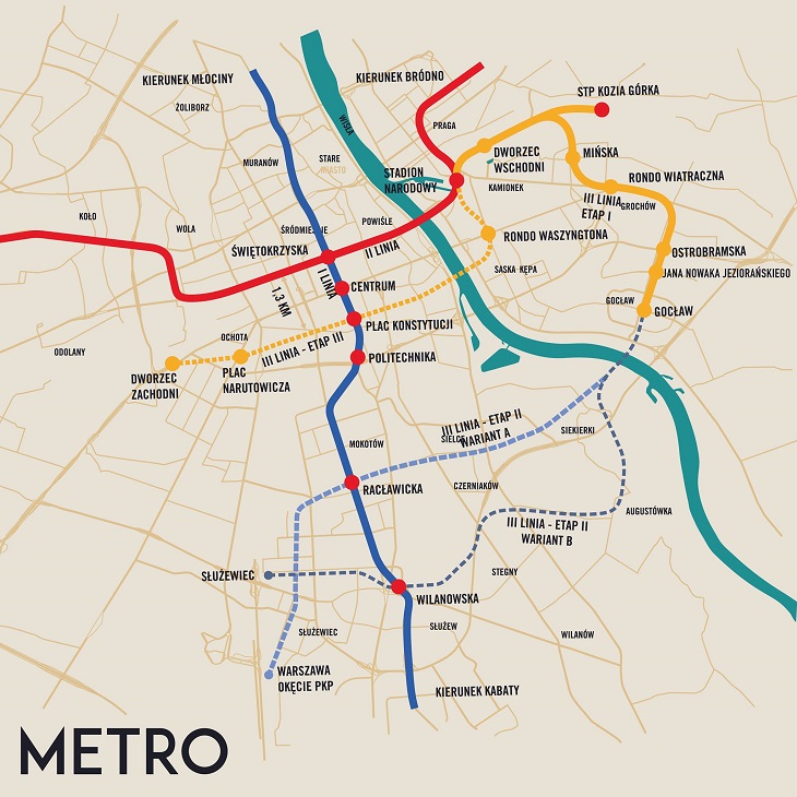 Mapa uwzględniające istniejące i planowane linie metra w Warszawie. Źródło: facebook.com/rafal.trzaskowski