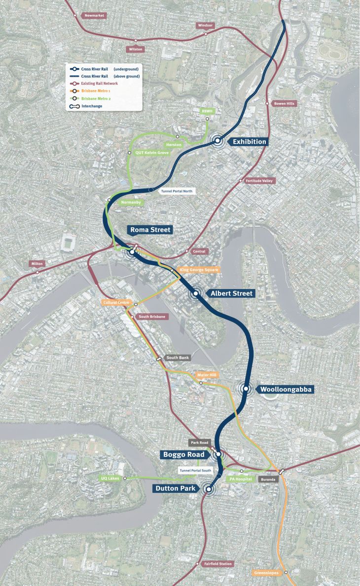 Mapa nowych połączeń kolejowych w Queensland. Źródło: Cross Rail Project