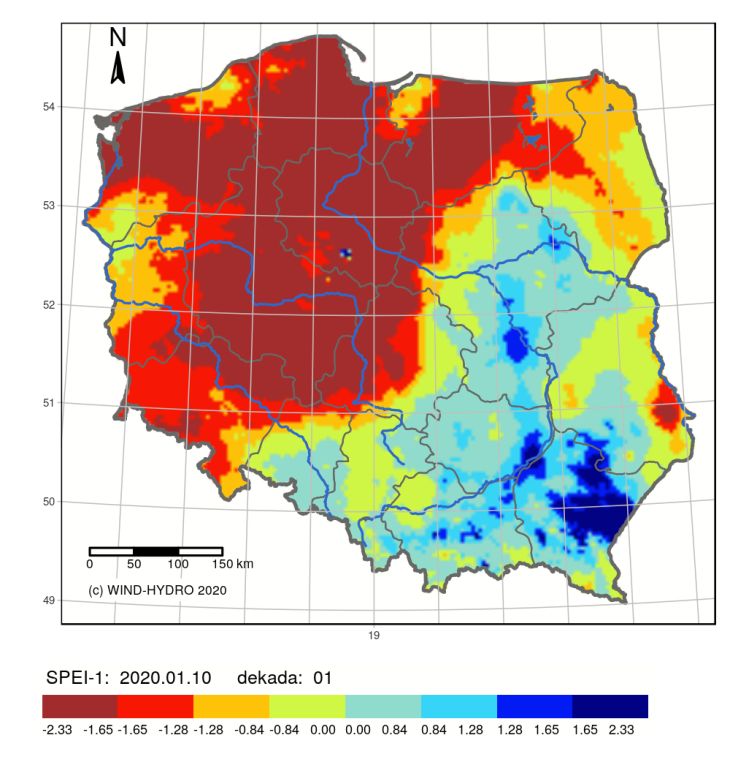 Mapa danych projektu S4D (Service 4 Drought) realizowanego ze środków Europejskiej Agencji Kosmicznej wskaźnik SPEI. Stan na pierwszą dekadę stycznia 2020 r. Źródło: Wody Polskie
