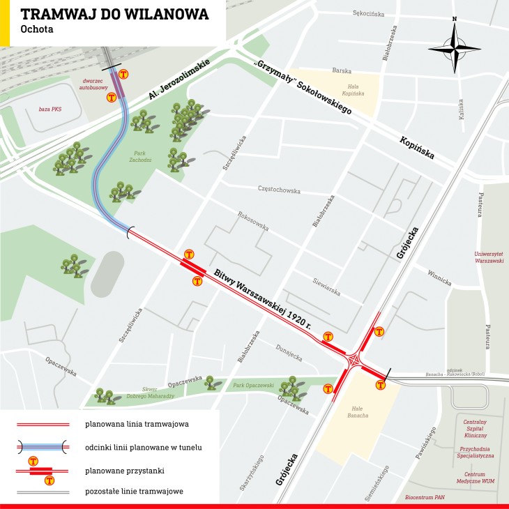 Mapa linii tramwajowej. Źródło: Tramwaje Warszawskie