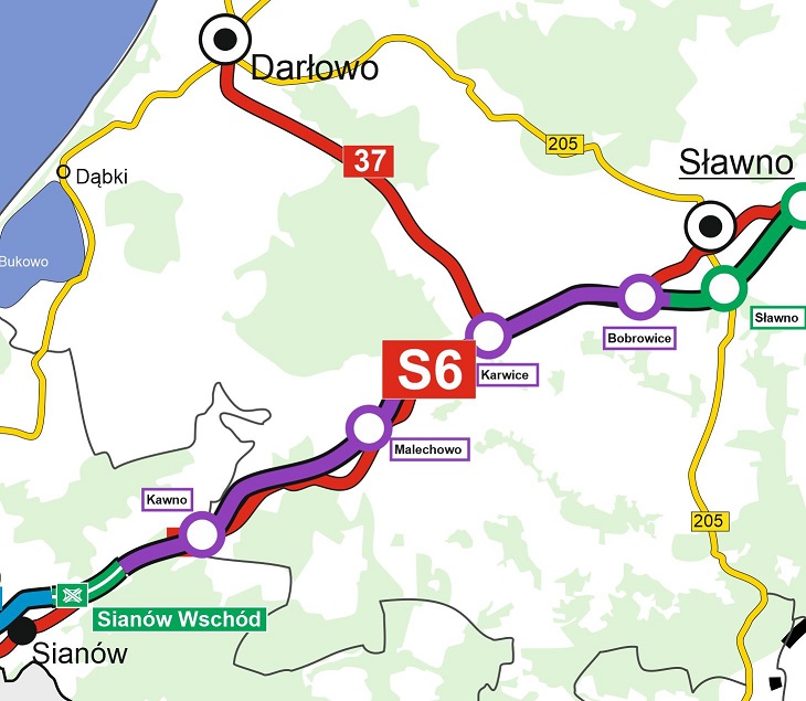 Droga ekspresowa S6: odcinek Sianów–Sławno [MAPA]. Źródło: GDDKiA