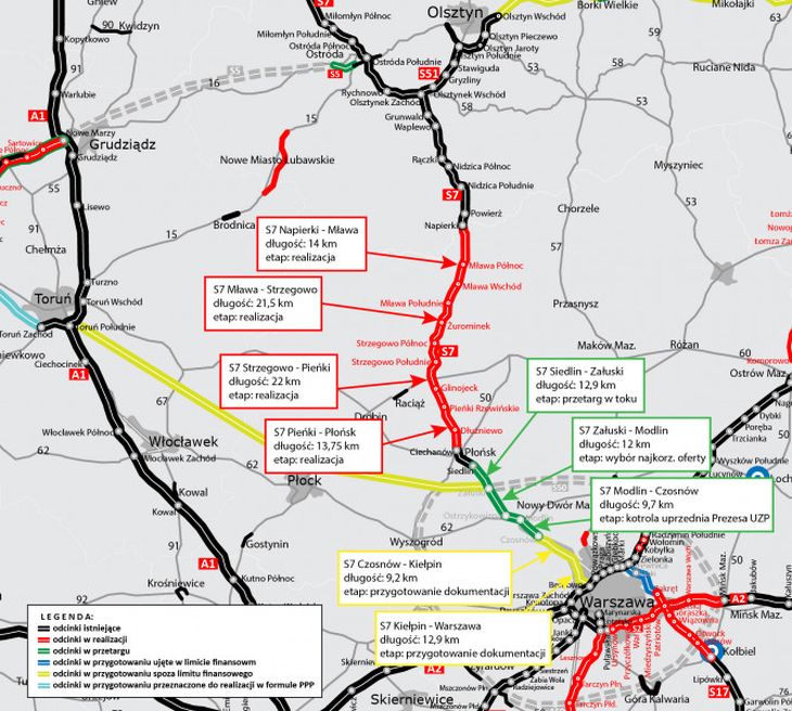 Mapa inwestycji na S7 na północ od Warszawy. Źródło: GDDKiA