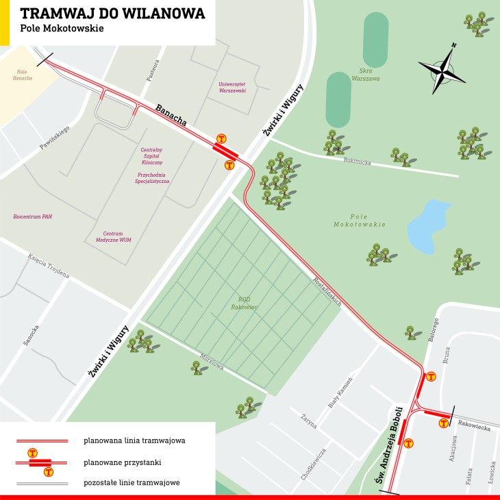 Mapa linii tramwajowej wzdłuż Pola Mokotowskiego. Źródło: Tramwaje Warszawskie