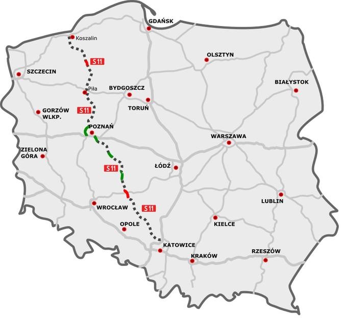 Planowany przebieg trasy S11. Źródło: GDDKiA/Wikimedia