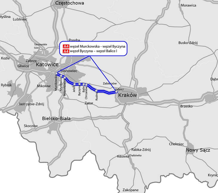 Mapa: autostrada A4 Katowice–KrakówŹródło: GDDKiA
