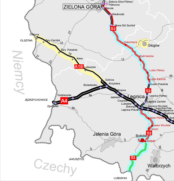 A18 znajduje się w południowo-zachodniej części Polski. Źródło: GDDKiA
