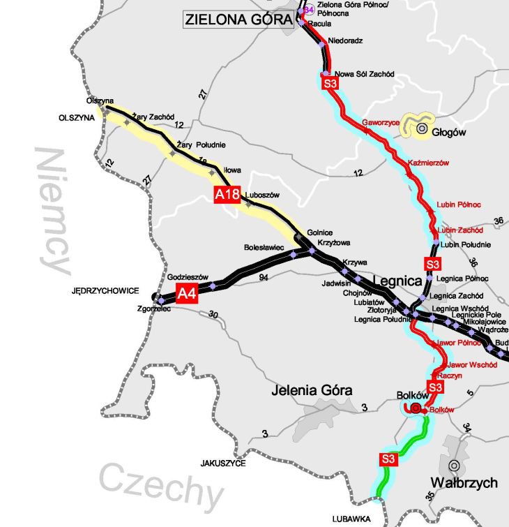Planowany odcinek A18 Olszyna–Golnice. Źródło: GDDKiA