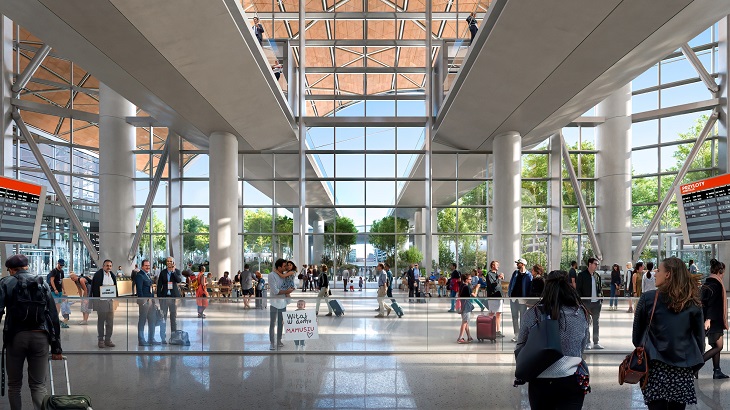Widok terminalu pasażerskiego z perspektywy pasażera przylatującego. Źródło: CPK, Foster + Partners  