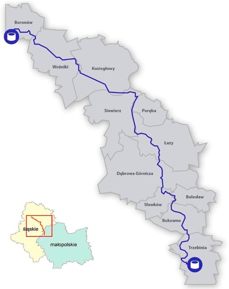 Mapa rurociągu paliwowego Boronów–Trzebinia. Źródło: PERN
