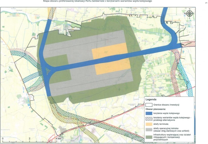 CPK: mapa obszaru preferowanej lokalizacji lotniska Solidarność. Źródło: CPK