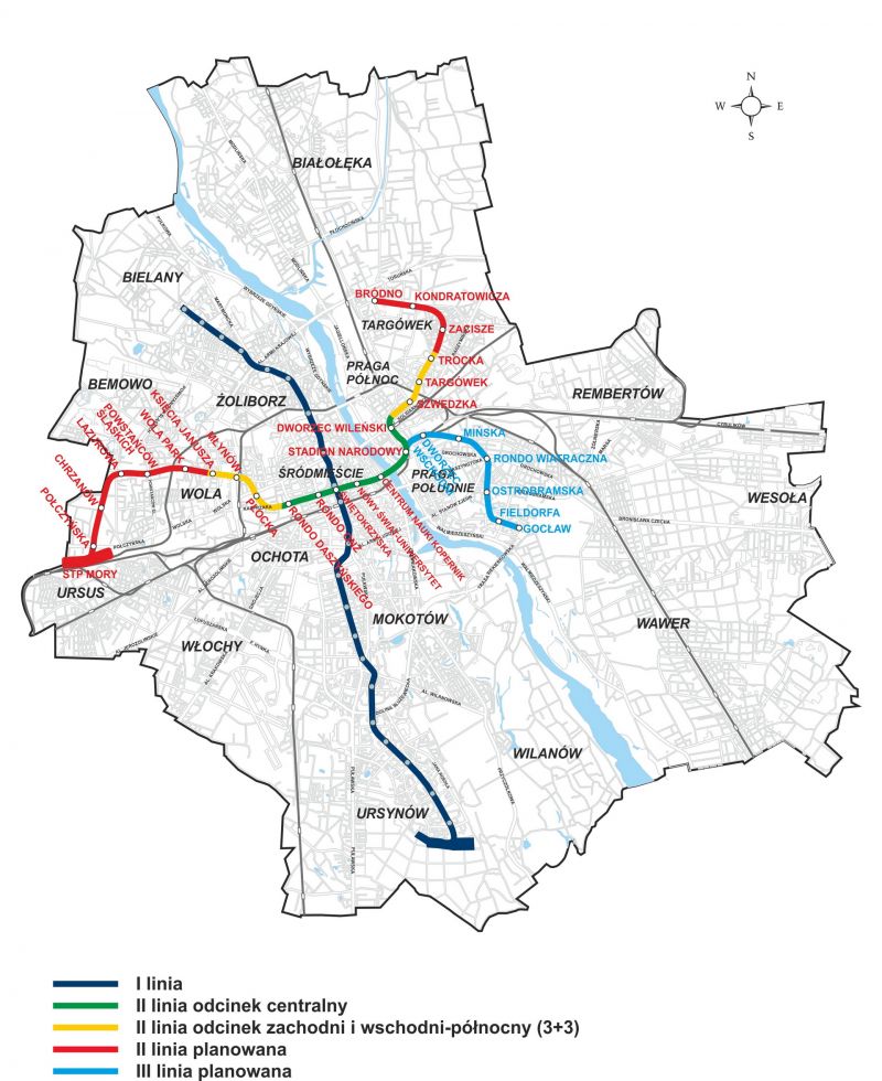 Metro Warszawskie – obecne i planowane odcinki I i II linii. Źródło: Metro Warszawskie