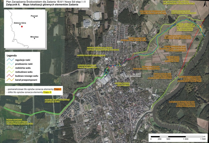 Mapa lokalizacji głównych elementów zadania w rejonie Nowej Soli. Fot. Wody Polskie