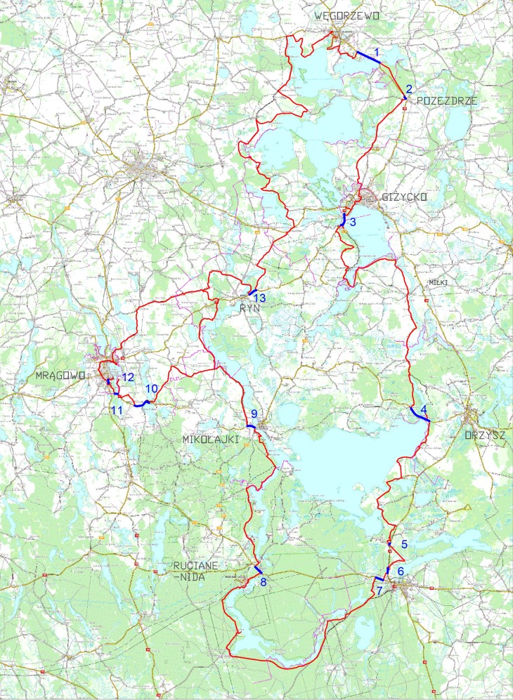 Mapa Mazurskiej Pętli Rowerowej. Źródło: GDDKiA