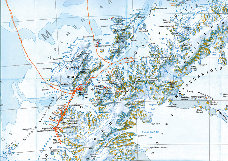 Przybliżona mapa trasy  od wyspy Brabant do stacji badawczej Wiernadski