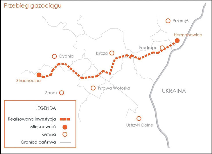 RYS. 1. Orientacyjna mapa przebiegu trasy gazociągu relacji Hermanowice–Strachocina  (źródło: www.gaz-system.pl) 