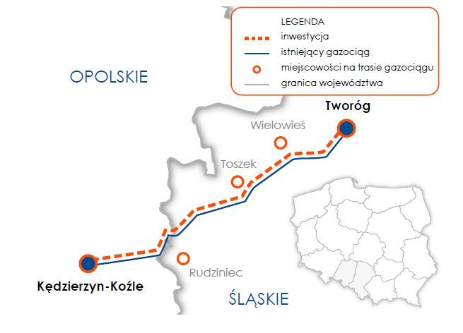 Trasa gazociągu Tworóg–Kędzierzyn-Koźle. Źródło: Gaz-System