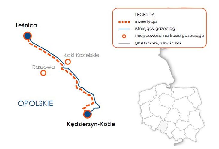 Mapa gazociągu Zdzieszowice–Kędzierzyn-Koźle. Źródło: Gaz-System