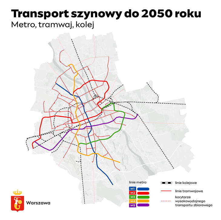 Warszawa. Transport szynowy do 2050 r. Źródło: UM Warszawa