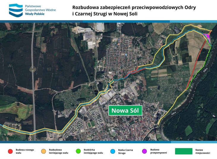 Rozbudowa zabezpieczeń Odry i Czarnej Strugi w Nowej Soli. Źródło: Wody Polskie