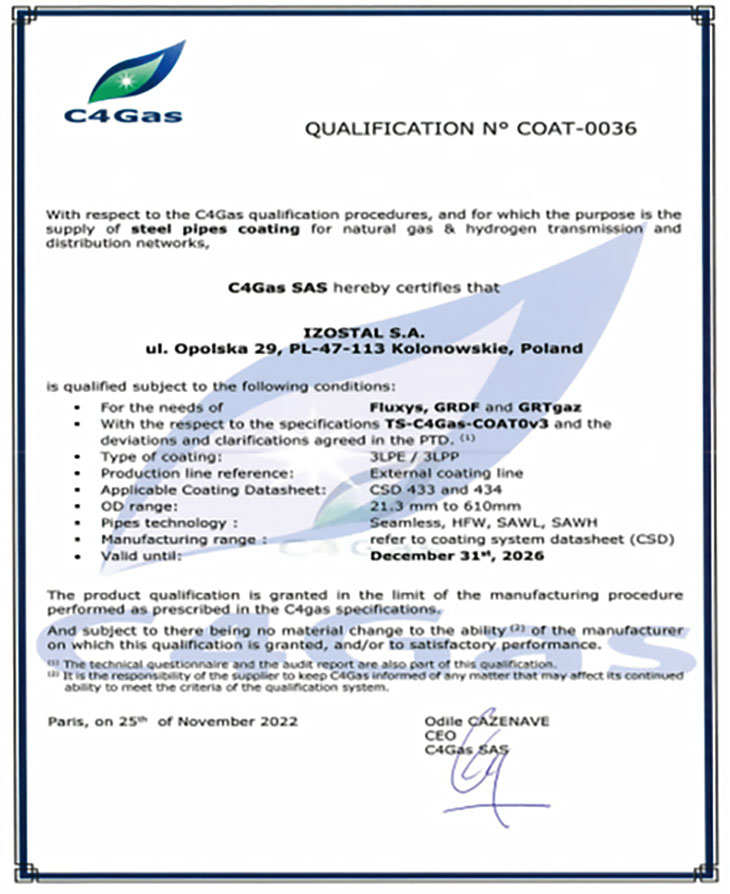FOT. 4. | Certyfikat C4Gas wystawiony dla Izostal S.A.