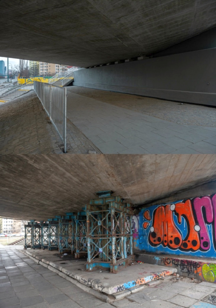Przestrzeń pod wiaduktem przed i po remoncie. Fot. ZDM w Warszawie