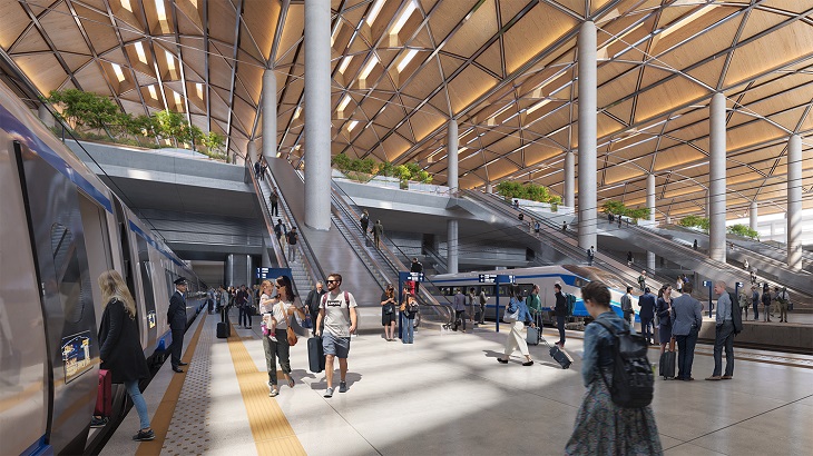 Podziemny dworzec kolejowy CPK przy terminalu. Źródło: CPK, Foster + Partners
