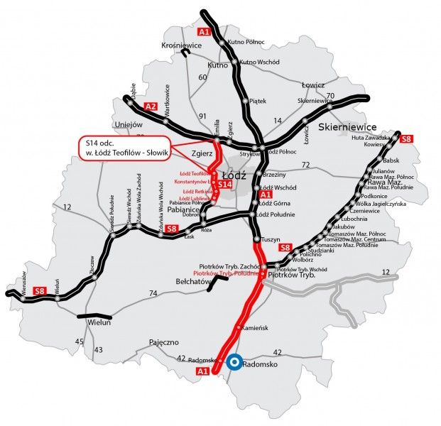 Mapka: budowa drogi ekspresowej S14, Zachodniej Obwodnicy Łodzi, tj. odcinka węzeł Łódź Teofilów–Słowik. Źródło: GDDKiA