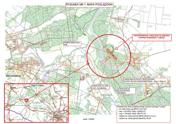 Mapa poglądowa proponowanej lokalizacji budowy stopnia wodnego Lubiąż. Źródło: RZGW Wrocław