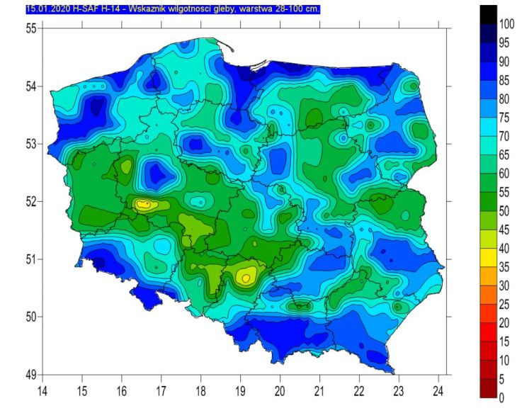 Mapa obrazująca wilgotność gleby na głębokości 28-100 cm. Mapa danych projektu S4D (Service 4 Drought) realizowanego ze środków Europejskiej Agencji Kosmicznej wskaźnik SPEI. Stan na pierwszą dekadę stycznia 2020 r. Źródło: Wody Polskie