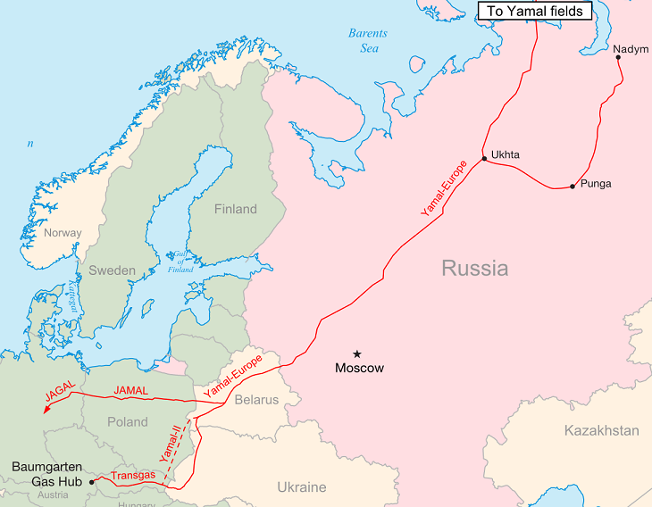 Przebieg gazociągu Jamał-Europa. Źródło: Samuel Bailey / Wikipedia Commons
