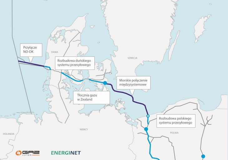Orientacyjna trasa przebiegu gazociągu Baltic Pipe. Baltic Pipe. Źródło: Gaz-System S.A.