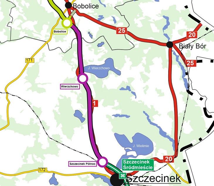 Mapa drogi ekspresowej S11 Bobolice–Szczecinek. Źródło: GDDKiA
