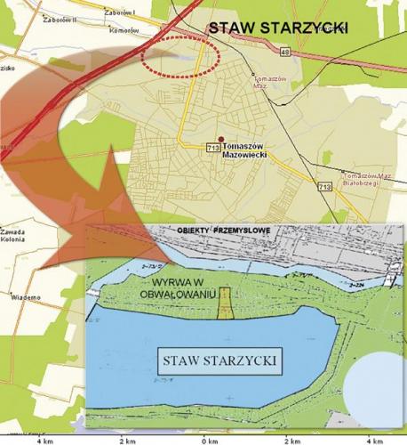 Rys. 1. Lokalizacja oraz fragment obwałowania Stawu Starzyckiego w rejonie miejsca awarii