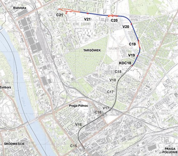 RYS. 1. Plan trasy odcinka wschodniego-północnego II linii metra w Warszawie