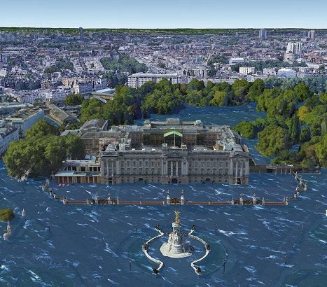 Pałac Buckingham w Londynie (Wielka Brytania) w wariancie pesymistycznym (wzrost średniej temperatury o 3 stopnie Celsjusza). Wiz. Climate Central