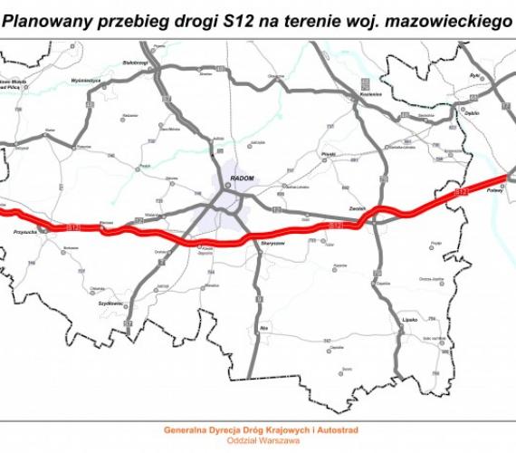 Planowany przebieg S12 na terenie woj. mazowieckiego