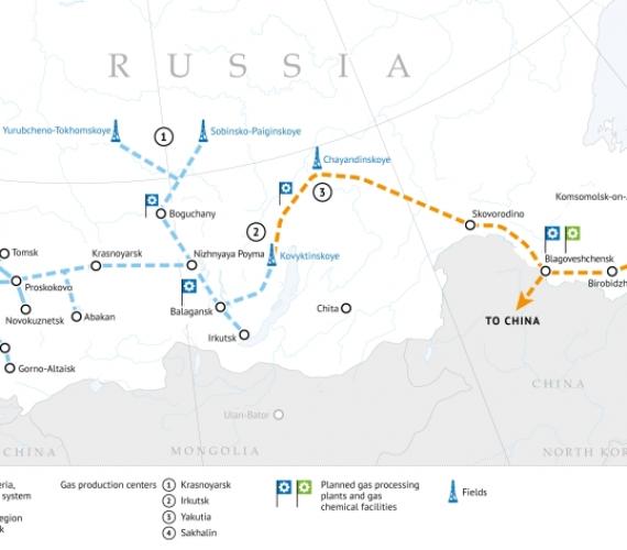Przebieg budowanego gazociągu Power of Siberia został zaznaczony pomarańczowym kolorem. Fot. Gazprom.