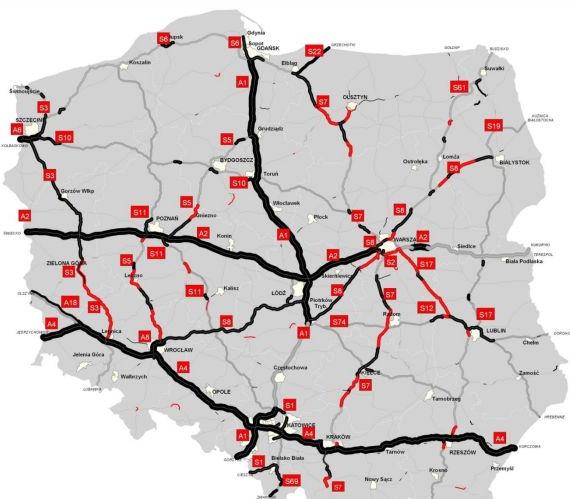 Prognoza - sieć drogowa na dzień 31 grudnia 2014 r. (czarne - istniejące, czerwone - w realizacji)
