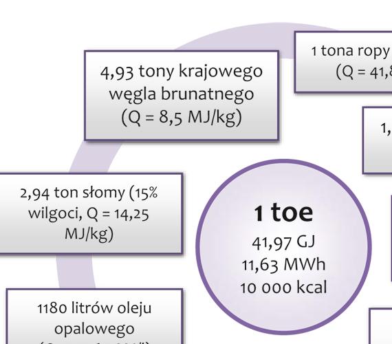 Rys. 1. Jedna tona oleju ekwiwalentnego (toe) i jej odpowiedniki dla różnych paliw /  Źródło: Opracowanie własne na podstawie KAPE S.A.