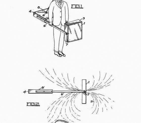 RYS. 1. Szkic pierwszego opatentowanego
elektromagnetycznego wykrywacza metali
G.R. Fishera ze zgłoszenia patentowego z
1937 r.