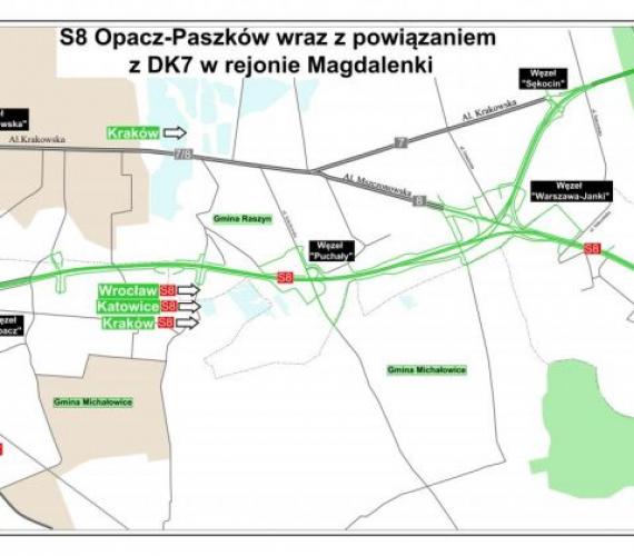 S8 Opacz-Paszków wraz z powiązaniem z DK7 w rejonie Magdalenki. Źródło: GDDKiA