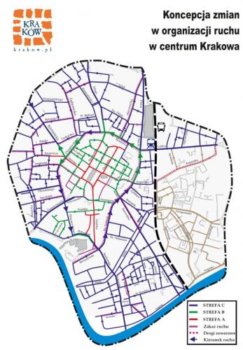 Docelowa zmiana organizacji ruchu w centrum Krakowa. Mapa z archiwum ZIKiT w Krakowie