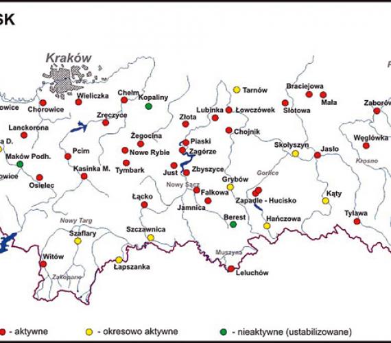Rys. 1.	Lokalizacja osuwisk objętych programem monitoringowym w Karpatach. 
Stan na listopad 2012 r.