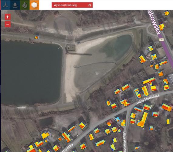 Rys. 1. Widok aplikacji mapowej „GeoportalOZE” z uruchomioną mapą potencjału słonecznego połaci dachowych