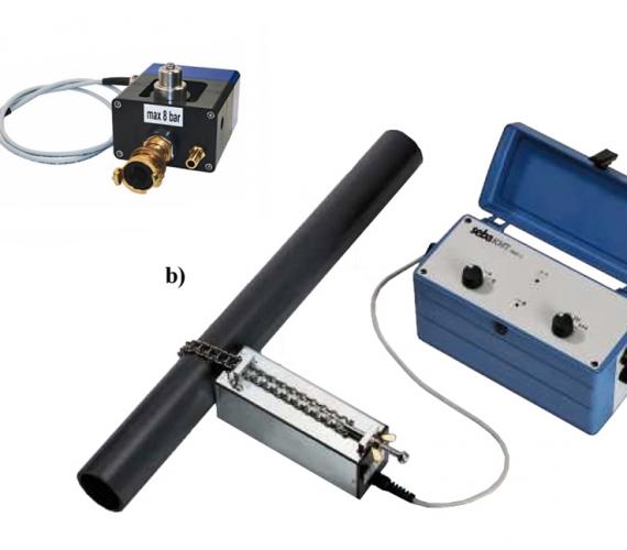 RYS. 1. Generatory sygnału akustycznego [1]: hydrauliczny PWG 2000 (a) i mechaniczny, sprzężony łańcuchem z rurą tworzywową RSP 3 (b) 