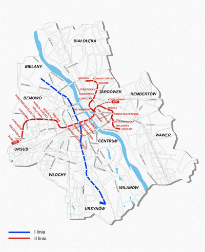 Mapa I i II metra warszawskiego; źródło: www.metro.waw.pl 