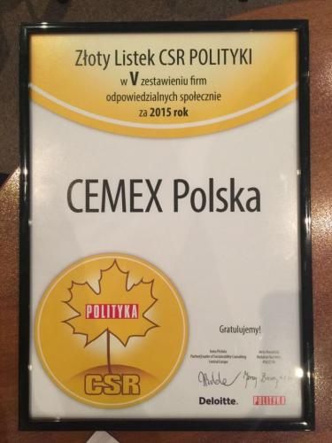 Złoty Listek CSR Polityki dla CEMEX Polska. Fot. CEMEX Polska